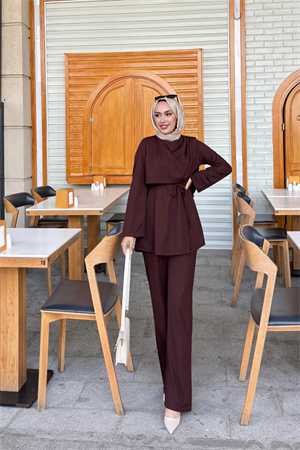 Önü Drapeli İpli Tesettür Takım Kahve