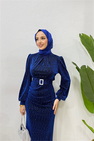 Simli Jakar Kumaş Taşlı Tesettür Abiye Elbise Saks Mavisi