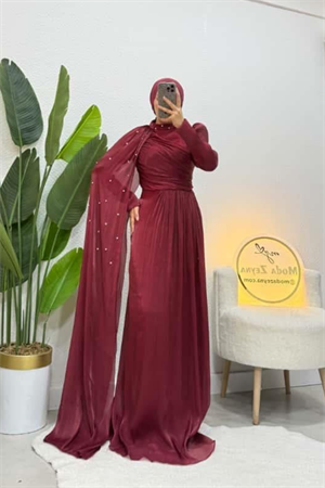 Sofya Couture Bordo Taş İşlemeli Pelerin Abiye