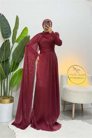 Sofya Couture Bordo Taş İşlemeli Pelerin Abiye