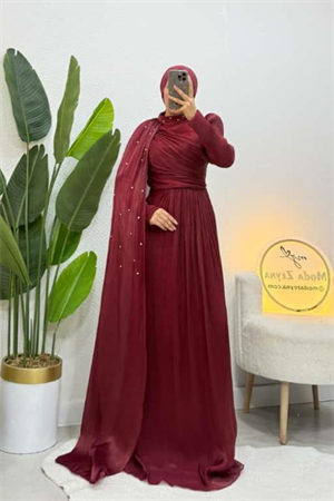 Sofya Couture Bordo Taş İşlemeli Pelerin Abiye