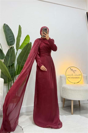 Sofya Couture Bordo Taş İşlemeli Pelerin Abiye