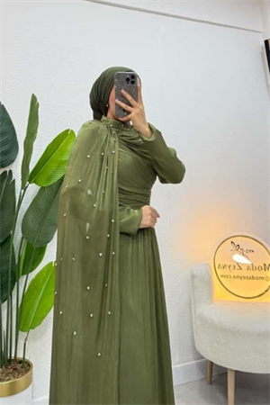 Sofya Couture Haki Taş İşlemeli Pelerin Abiye