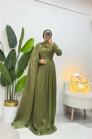 Sofya Couture Haki Taş İşlemeli Pelerin Abiye