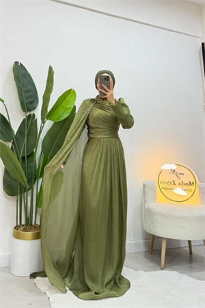 Sofya Couture Haki Taş İşlemeli Pelerin Abiye