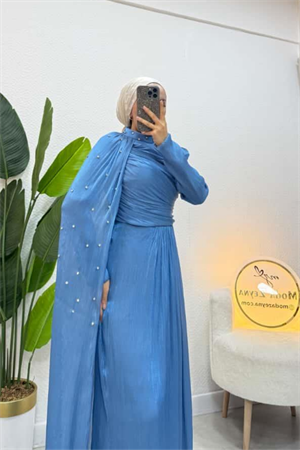 Sofya Couture Mavi Taş İşlemeli Pelerin Abiye