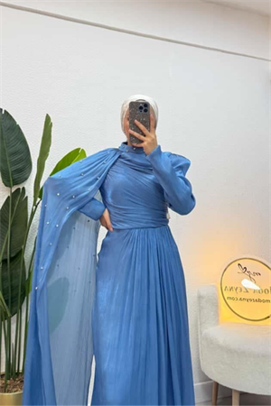 Sofya Couture Mavi Taş İşlemeli Pelerin Abiye