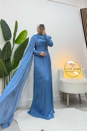 Sofya Couture Mavi Taş İşlemeli Pelerin Abiye