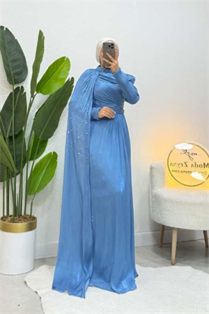 Sofya Couture Mavi Taş İşlemeli Pelerin Abiye