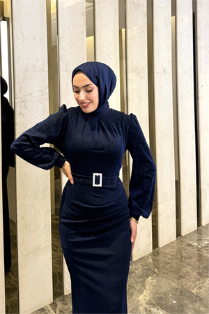 Zerafet Tokalı Lacivert Simli Jakar Tesettür Elbise
