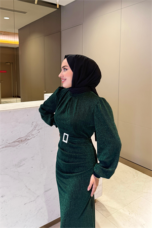 Zerafet Tokalı Zümrüt Simli Jakar Tesettür Elbise