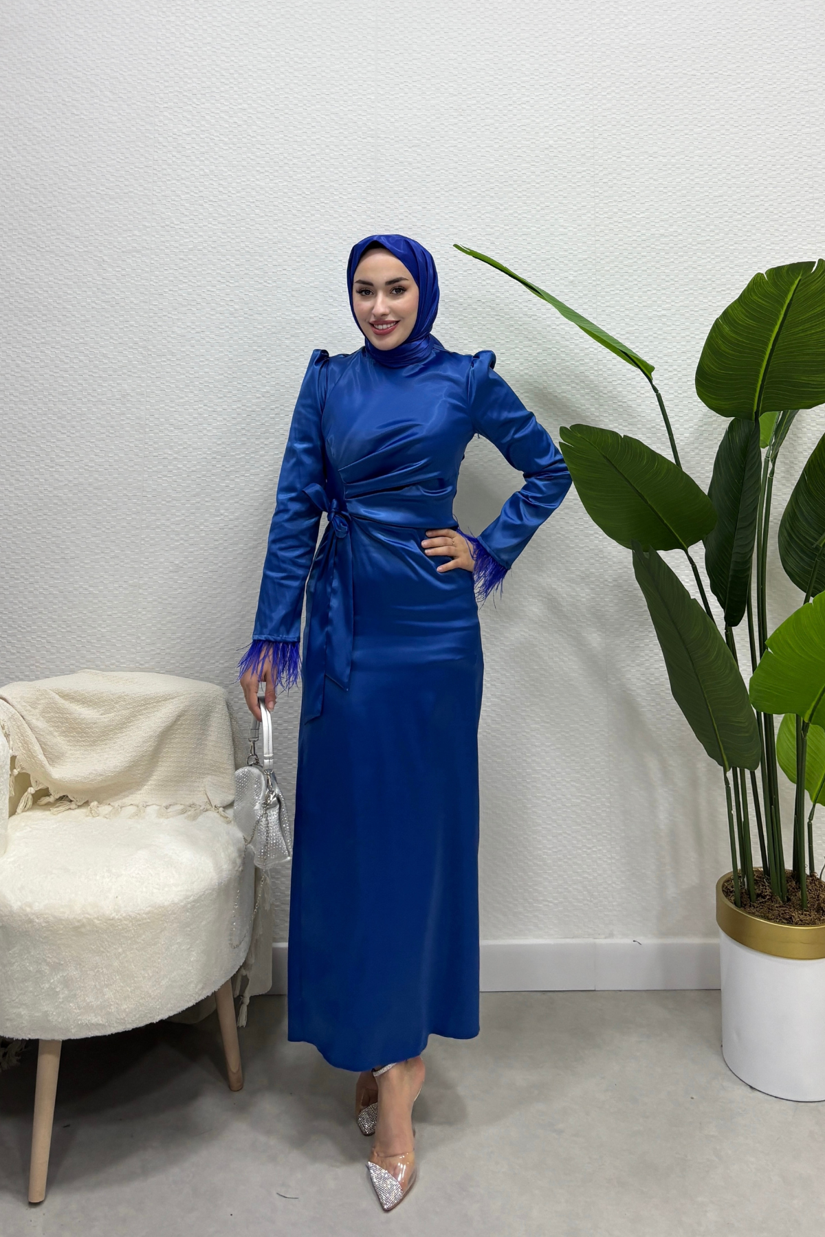 Kolu Saçaklı Özel Tasarım Abiye Mavi