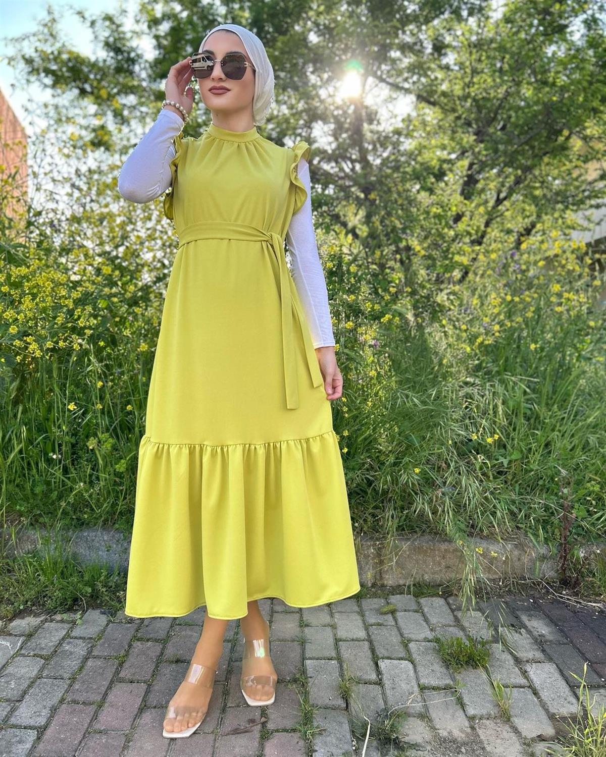 Sıfır Kol Scuba Tesettür Jile Elbise Sarı