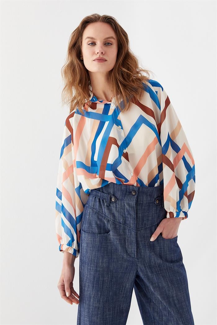 Balon Kol Desenli Gömlek Mavi