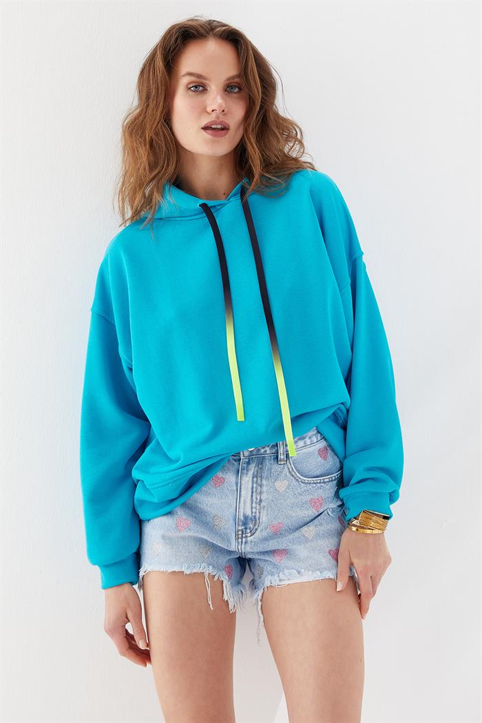 Baskılı Kapüşonlu Sweatshirt Mavi