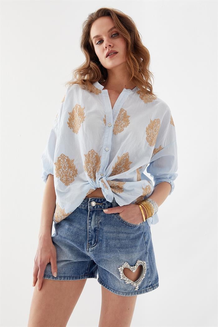 İşlemeli Gömlek Mavi