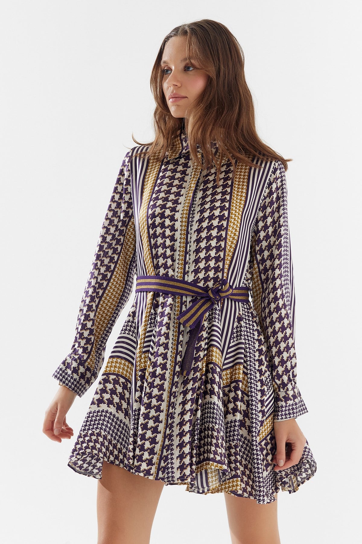 İthal Mini Desenli İpek Saten Gömlek Elbise Mor 