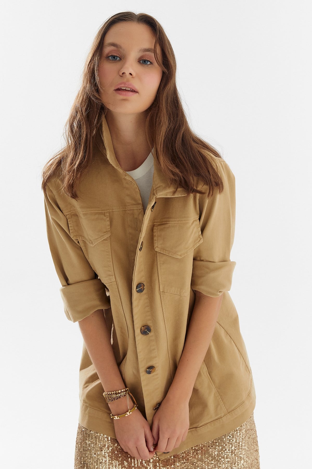İthal Uzun Sırt Detaylı Spor Cotton Ceket Camel