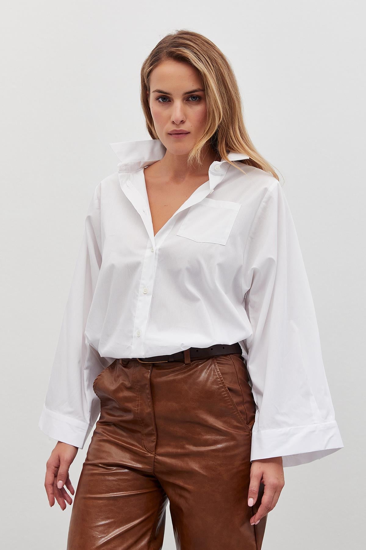 Kol Uçları Geniş %100 Cotton Gömlek- Beyaz