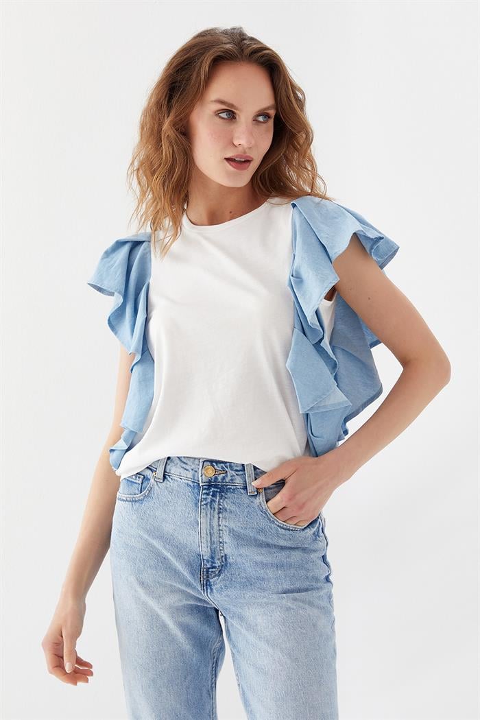 Kolları Kot Volanlı T-Shirt Beyaz