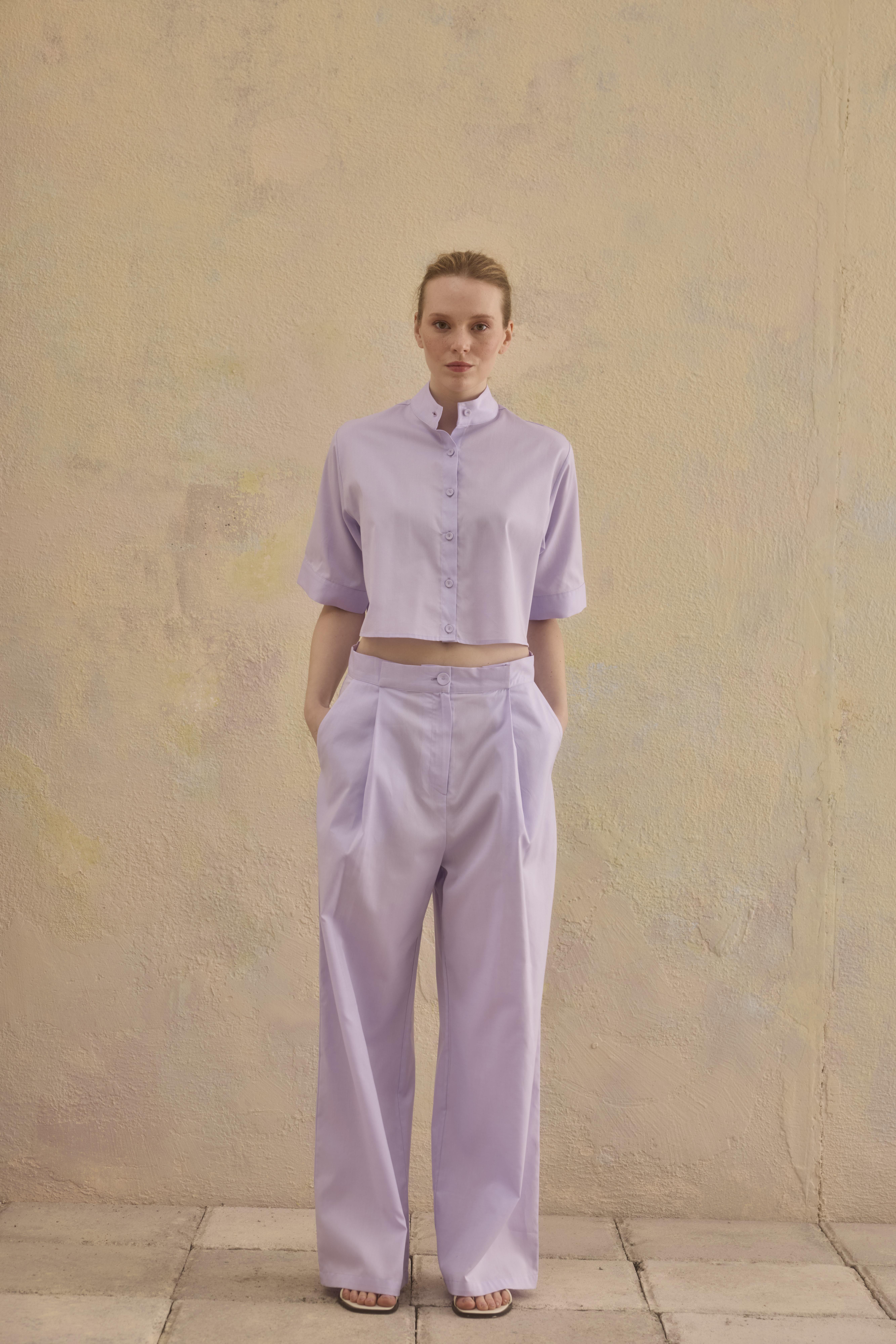 Lila rengi crop bluz pantalon takım