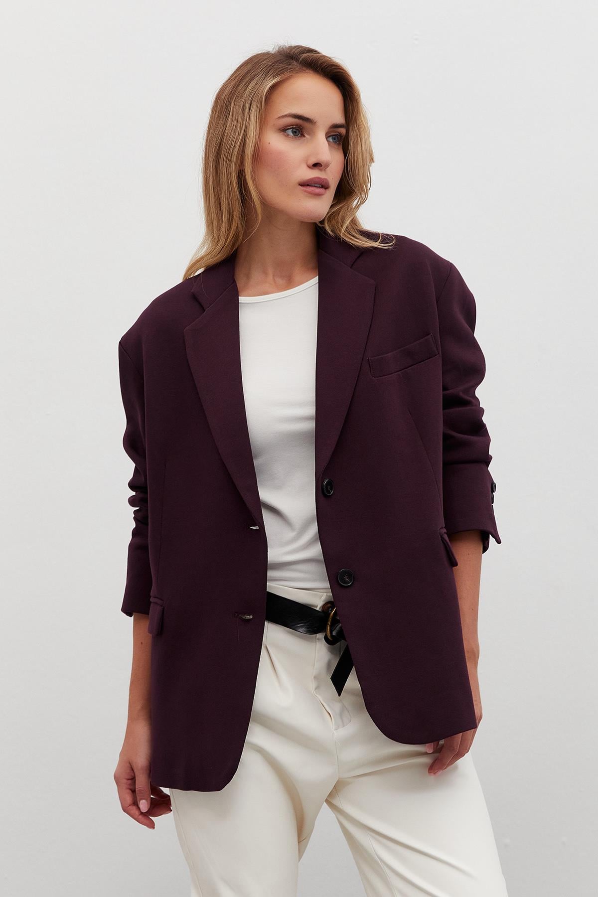 Oversize Sırtı Yazı Detaylı Ceket Bordo