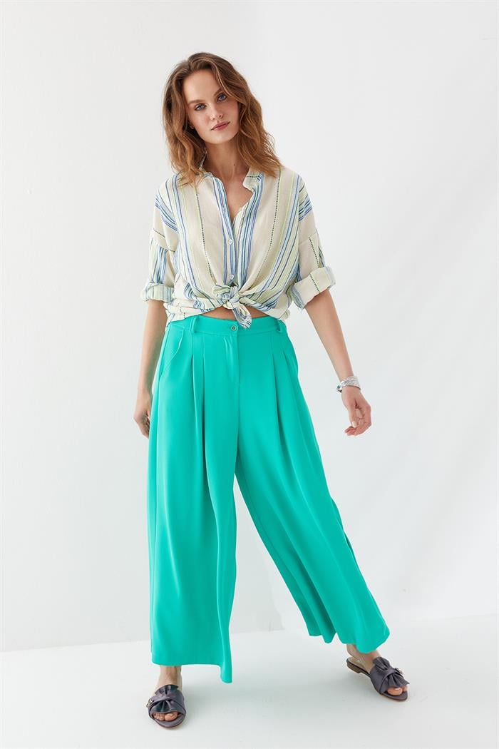 Piliseli Geniş Paça Crop Pantolon Yeşil