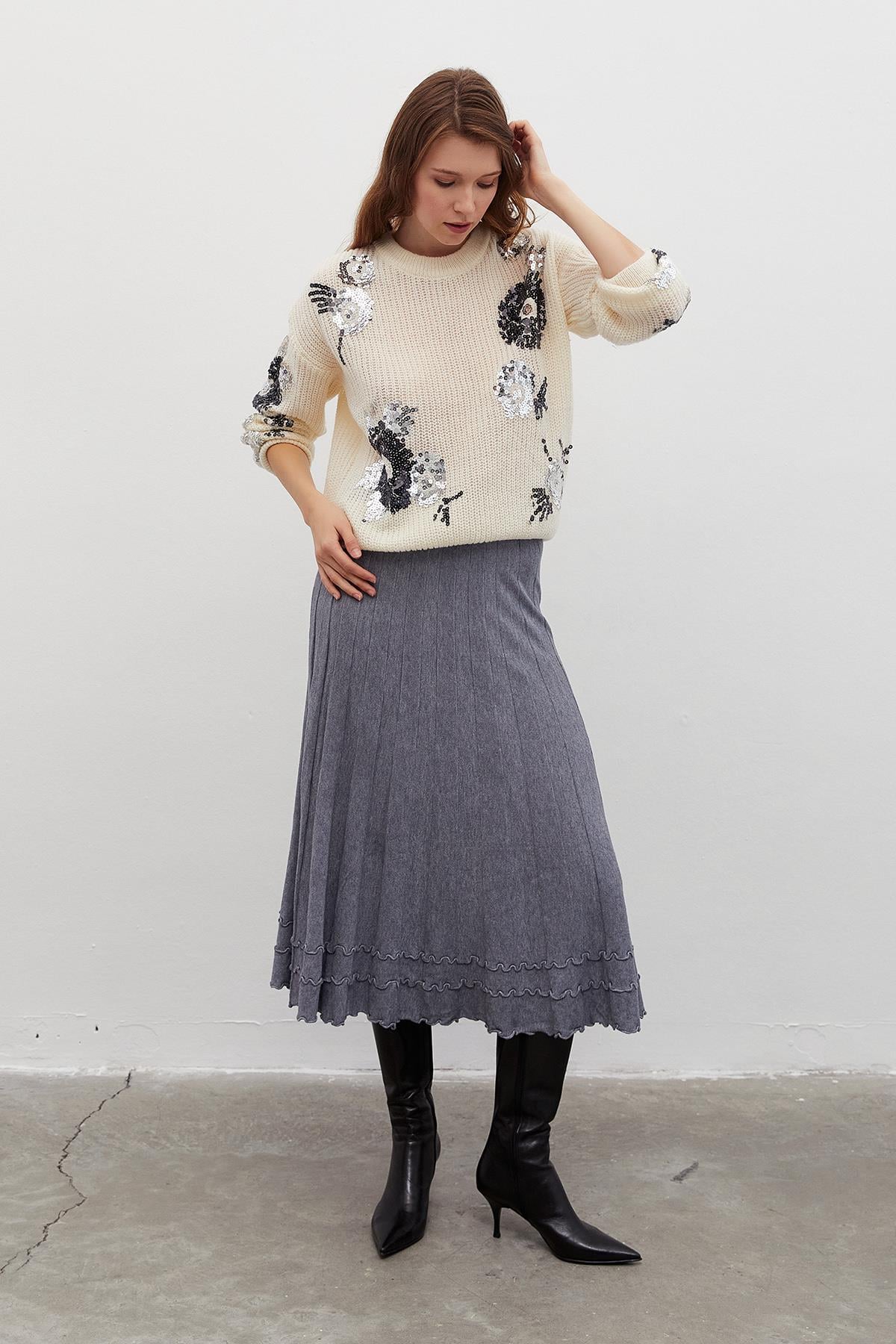 Piliseli Triko Etek-Gri