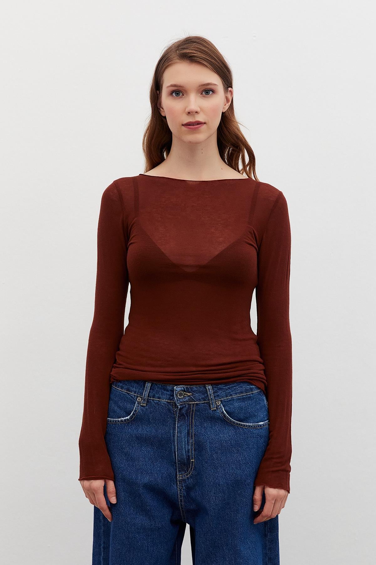 Uzun kollu Cashmere Kayık Yaka Tshirt-Kiremit