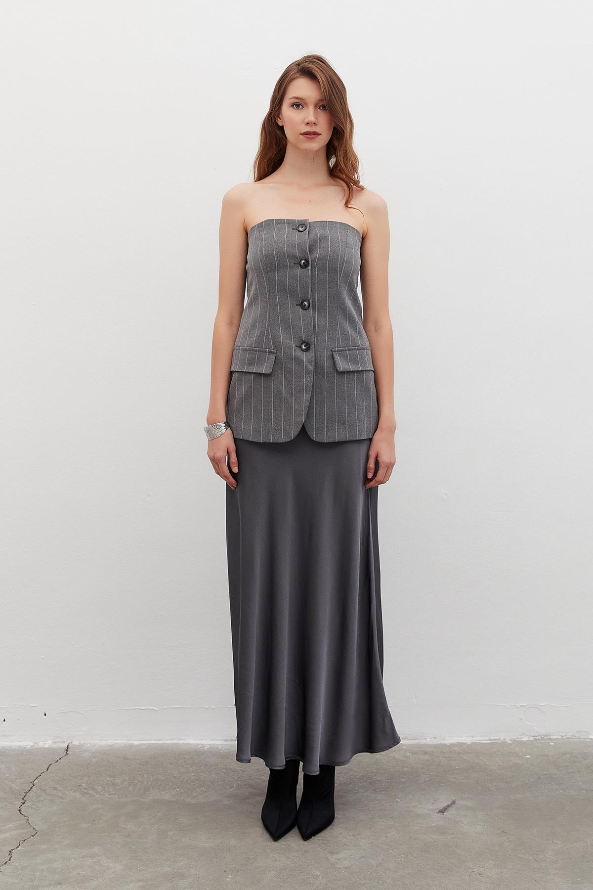 Yelek Modelli Straplez Top Gri