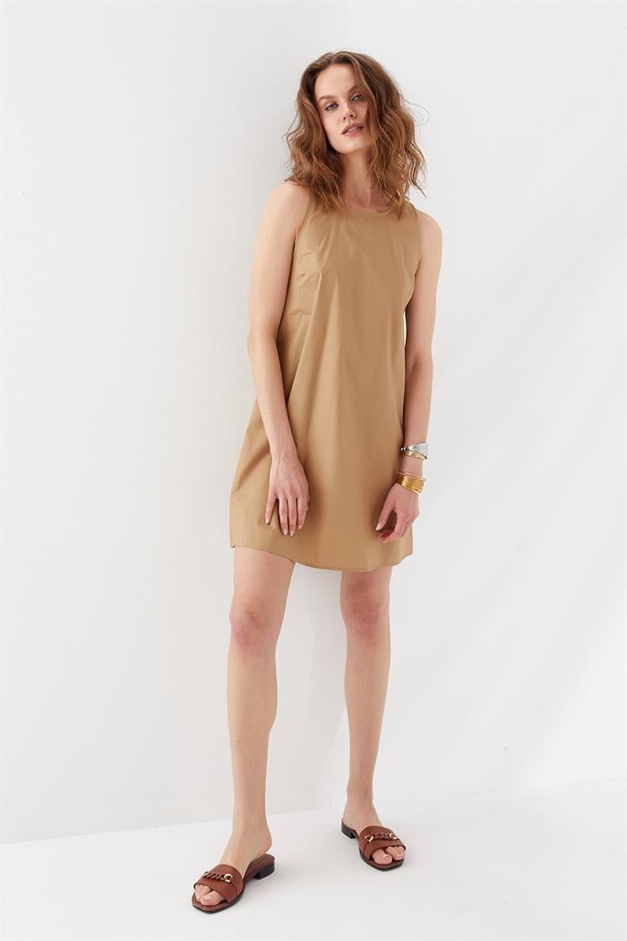 Arkası Fiyonklu Mini Elbise Camel