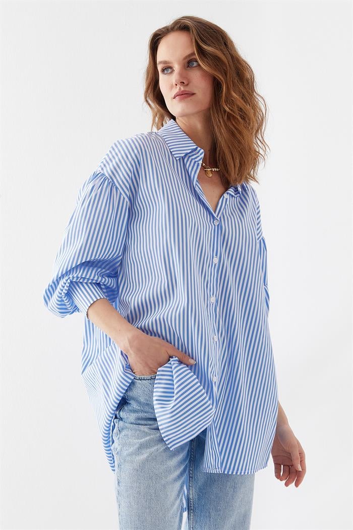 Çizgili Uzun Oversize Gömlek Mavi