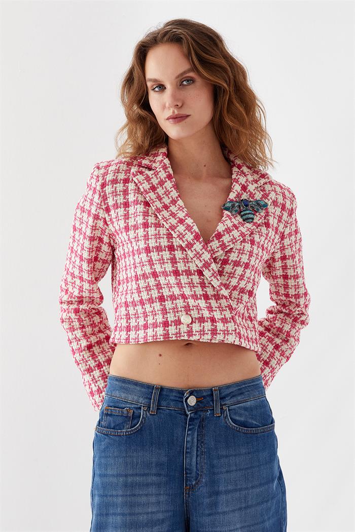 Desenli Crop Ceket Pembe