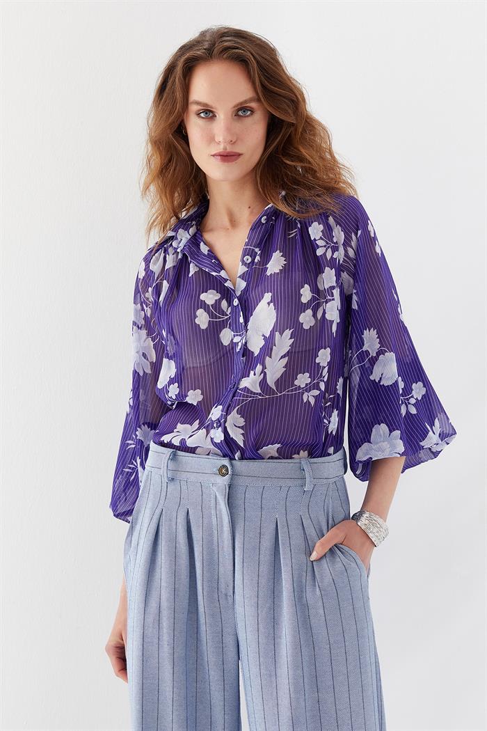 Desenli Şifon Gömlek Mor
