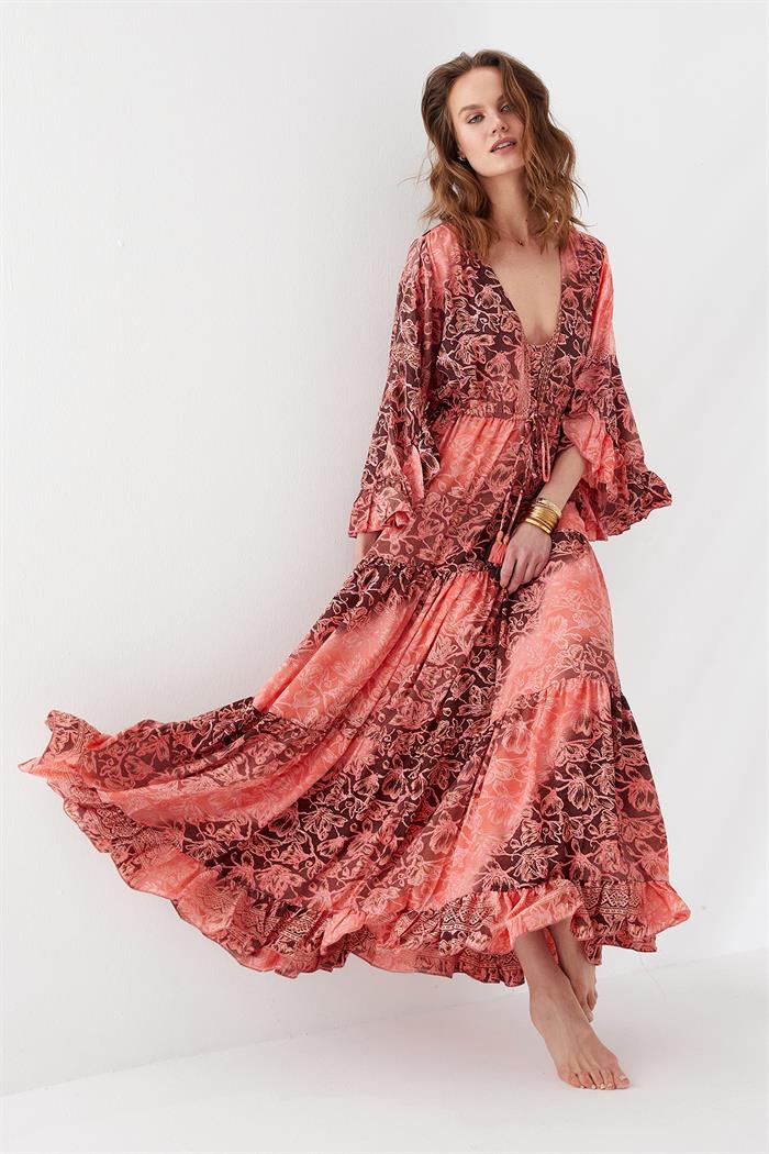 Desenli Uzun Elbise Pembe