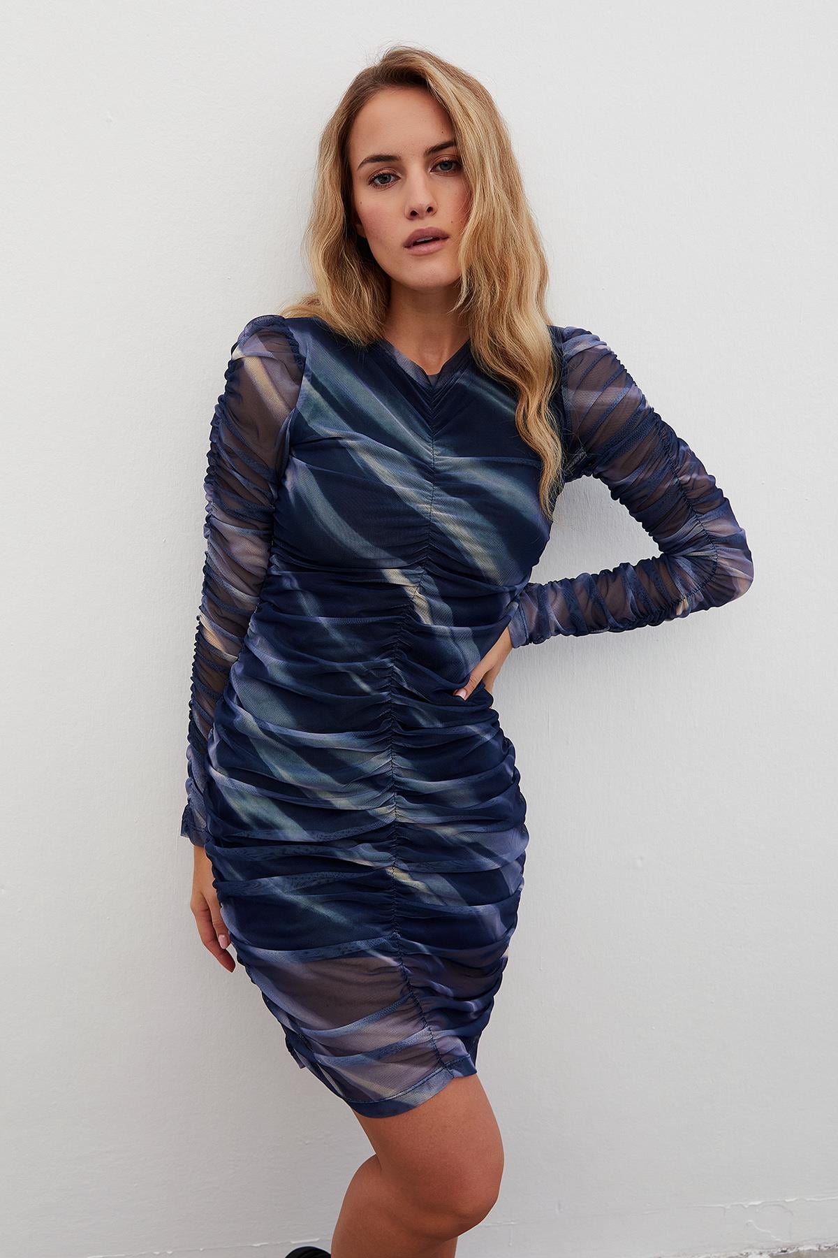 Drapeli Tül Elbise Lacivert