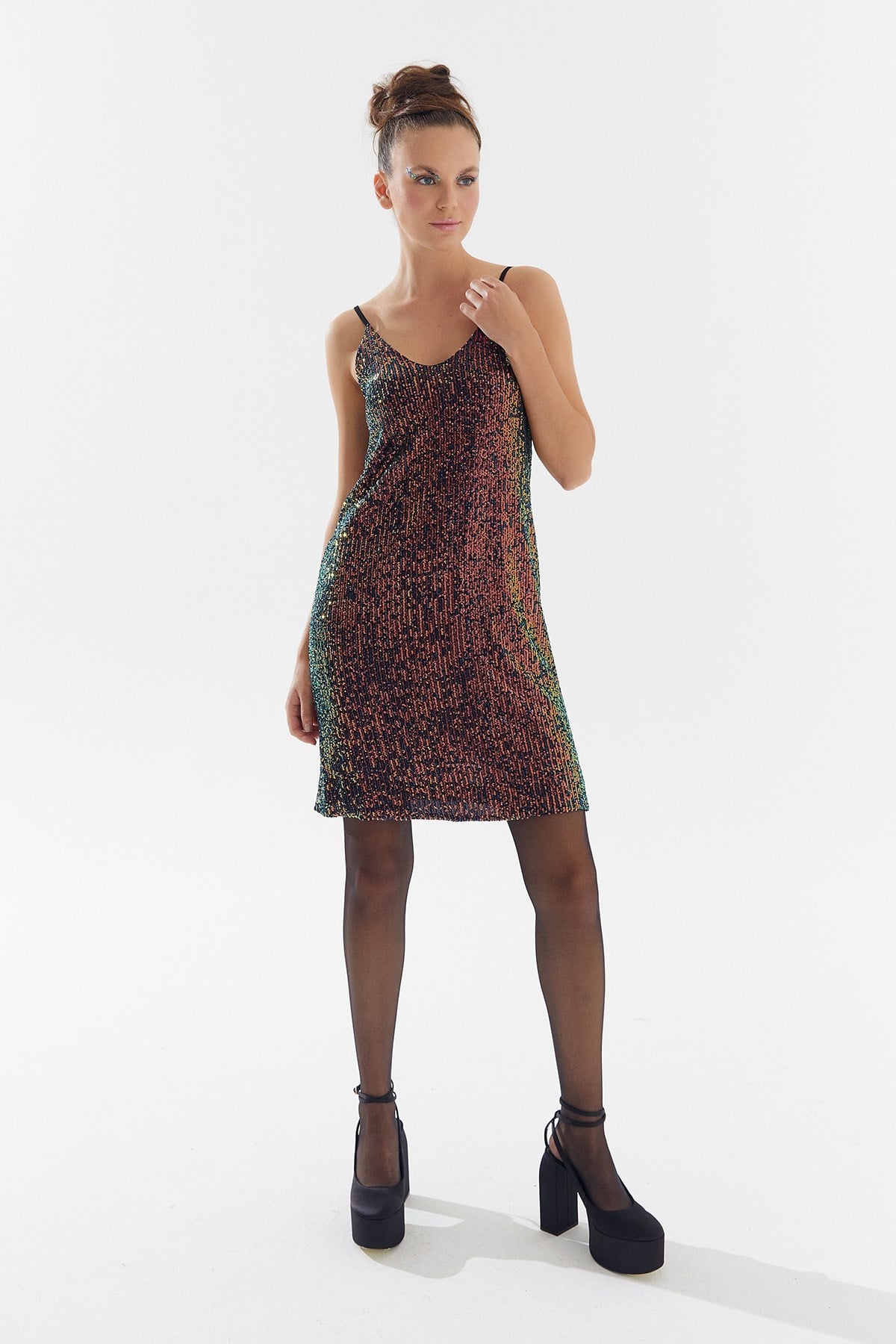 İthal Multicolor İnce Askılı Mini Poyet Elbise Multicolor 