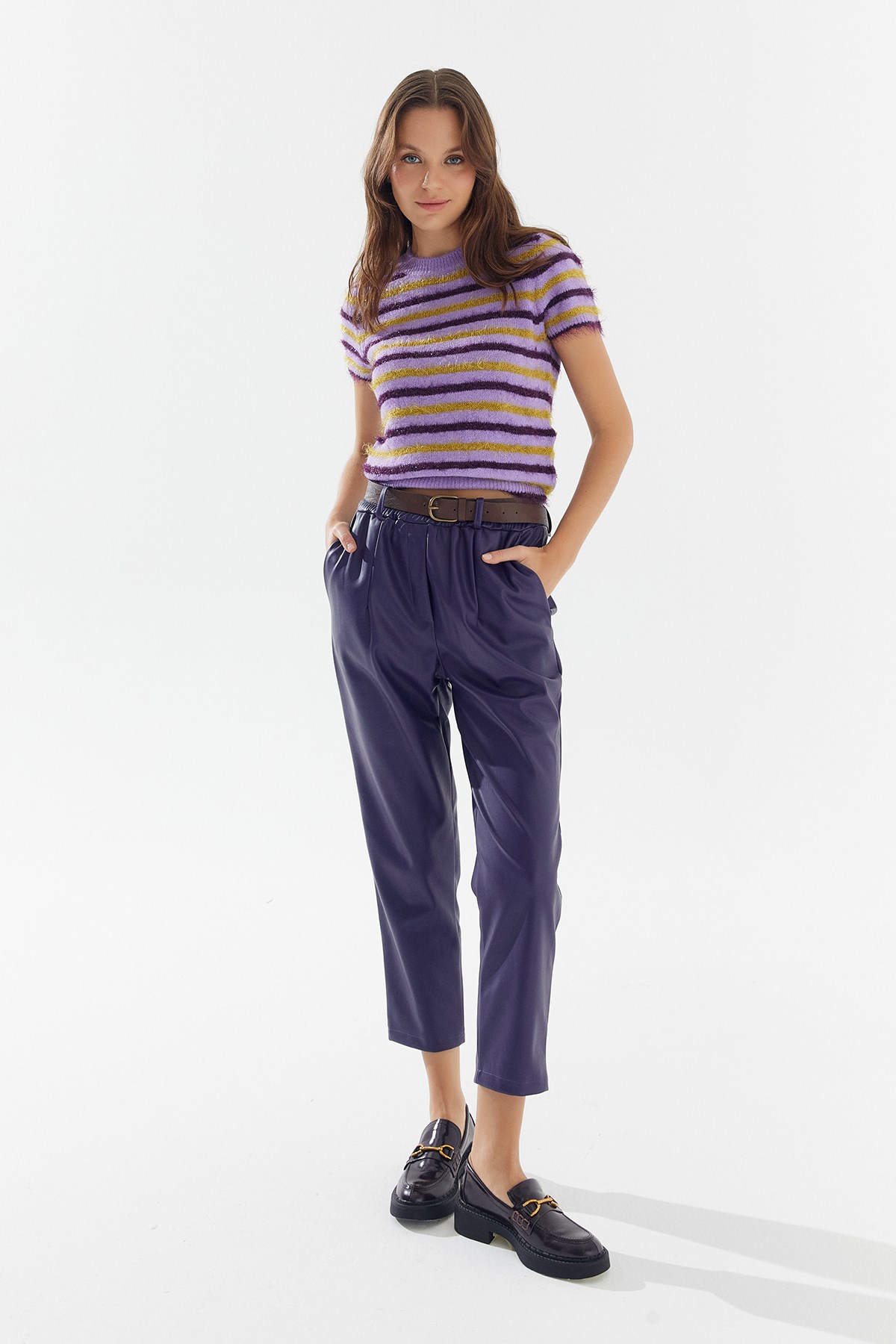 İthal Suni Deri Pantolon Mor