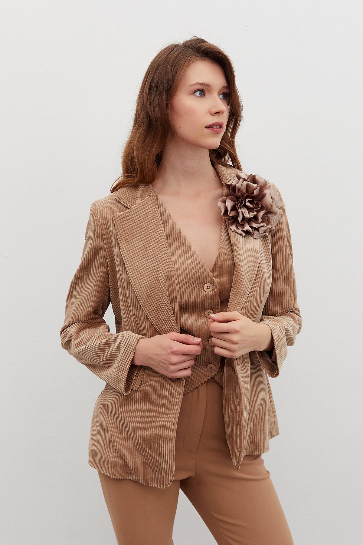 Kadife Yelekli Ceket Takım Camel