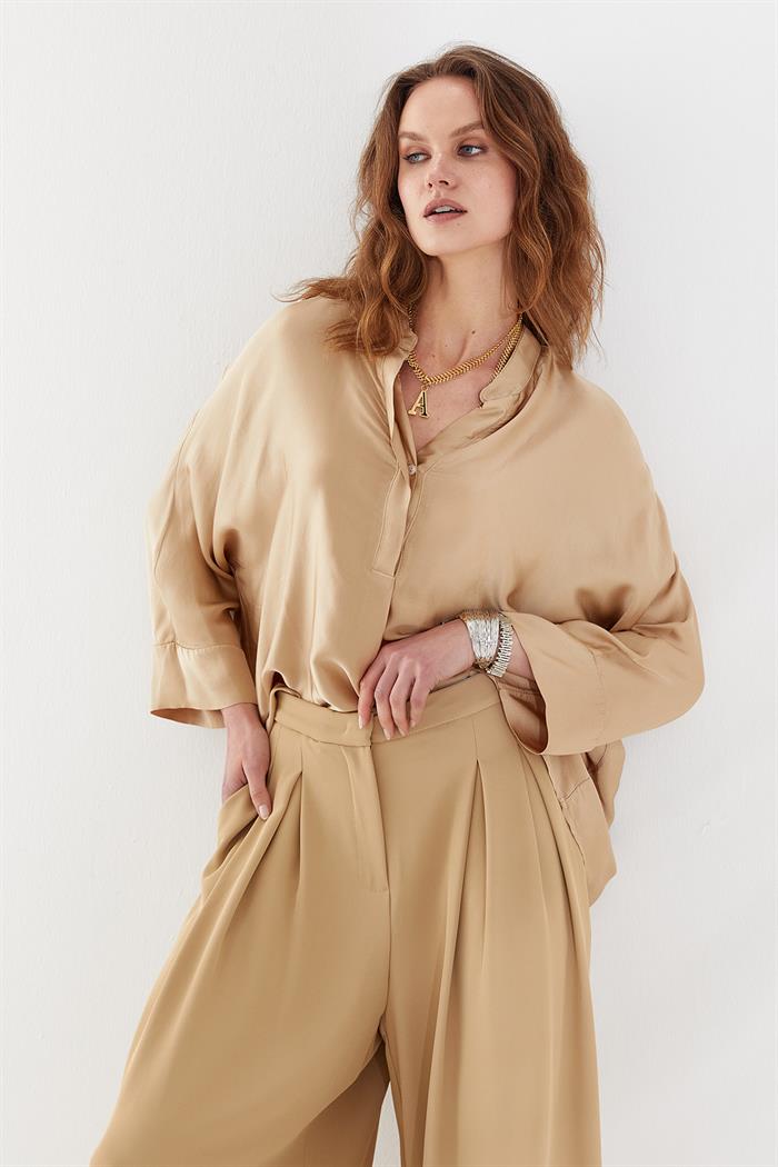 Oversize Saten Bluz Bej