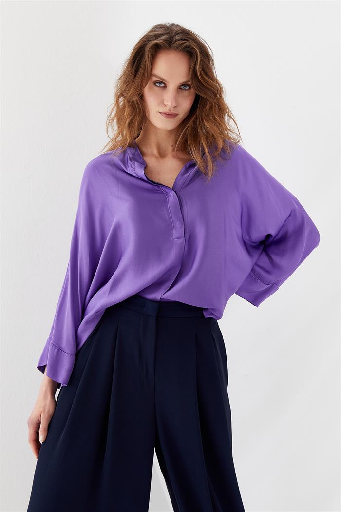 Oversize Saten Bluz Mor