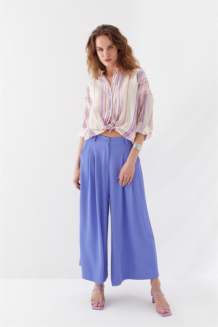 Piliseli Geniş Paça Crop Pantolon Lila
