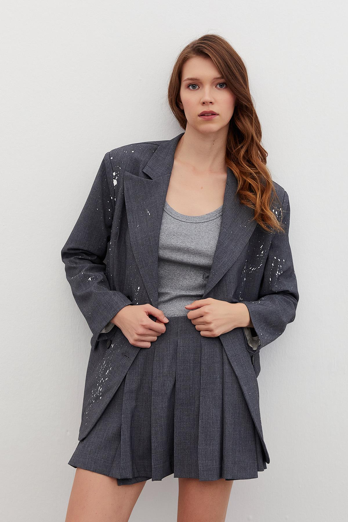 Piliseli Mini Etek Gri