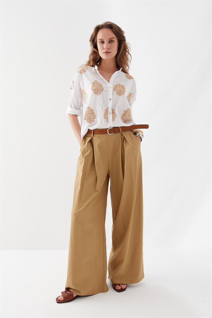 Piliseli Rahat Kesim Pantolon Camel