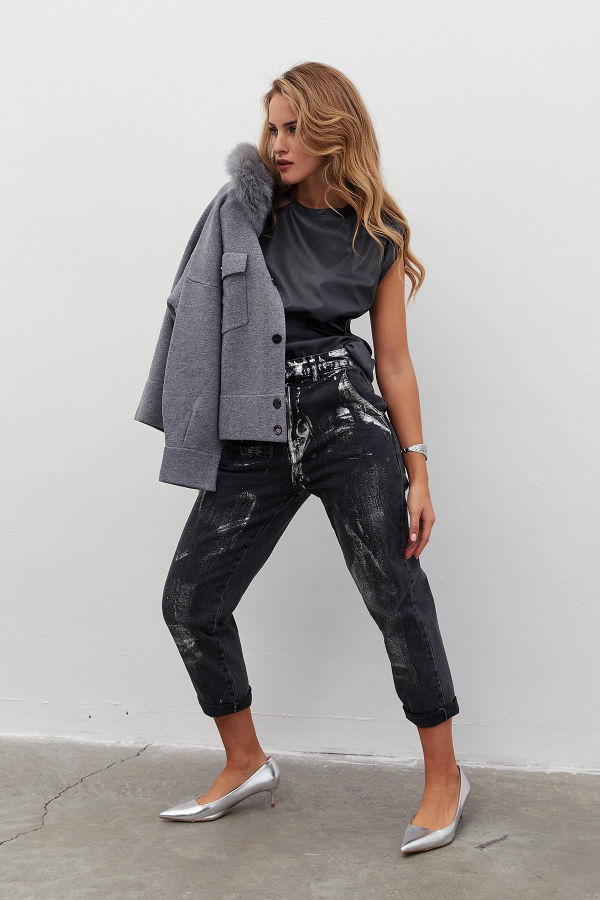 Platin Detaylı Jean Pantolon Siyah