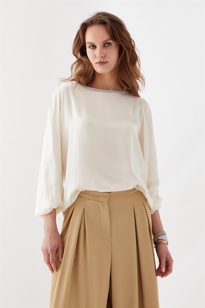 Simli Kayık Yaka Bluz Krem