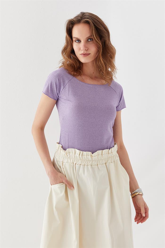 Simli Kısa Kol Bluz Lila