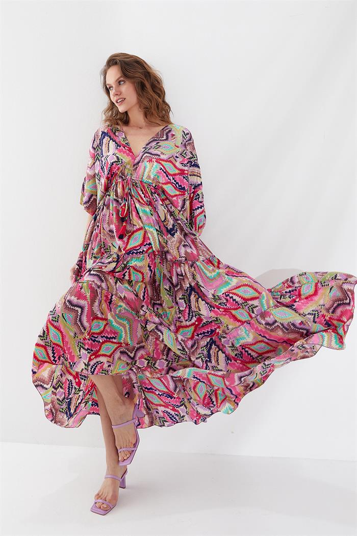 Sırt Dekolteli V Yaka Uzun Elbise Multicolor