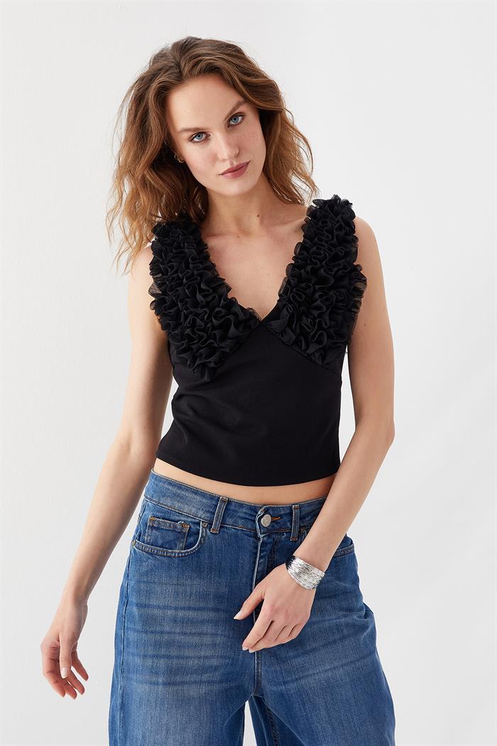 Tül Detaylı V Yaka Şık Bluz Siyah