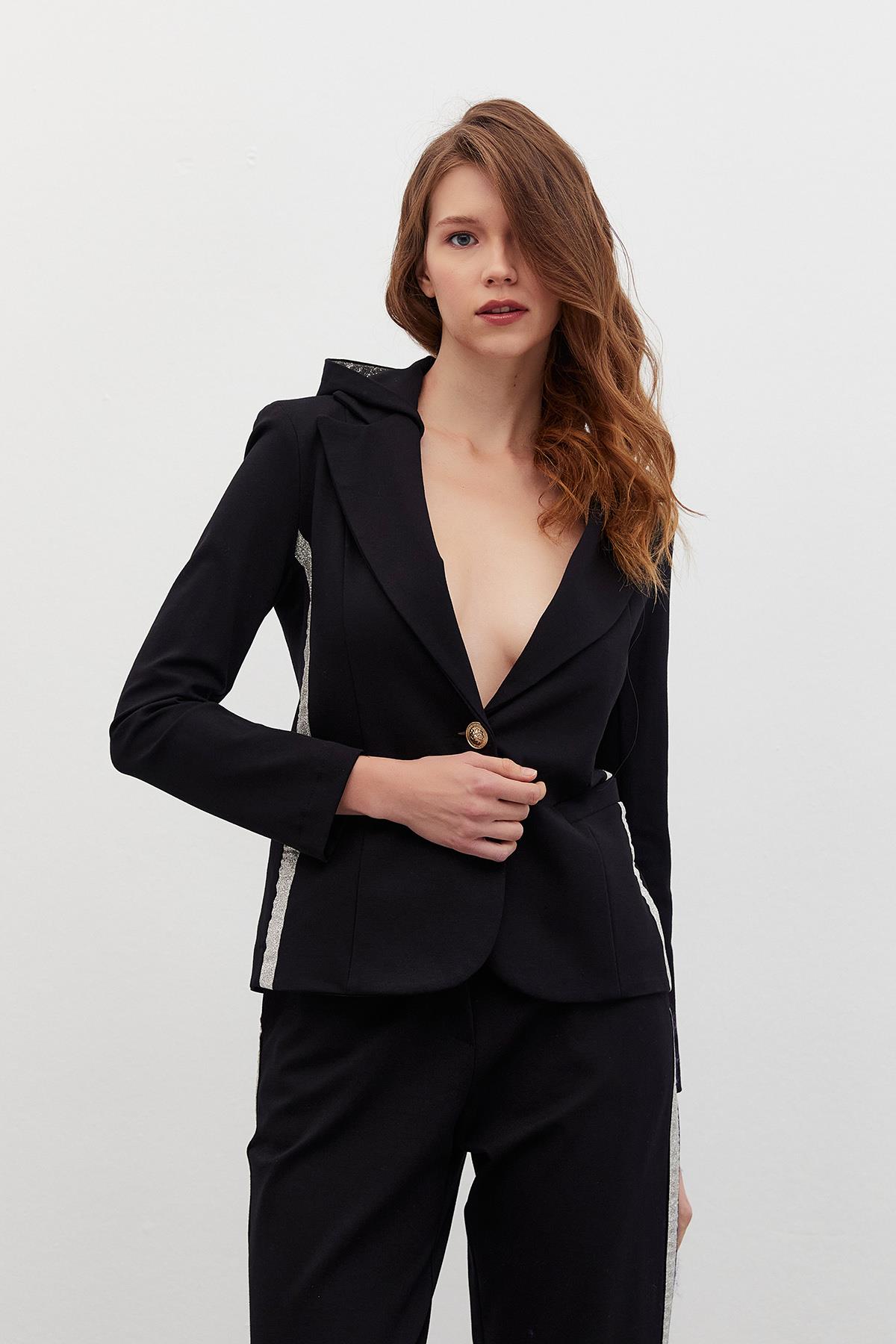 Yanları Gri Simli Kapüşonlu Spor Blazer Ceket
